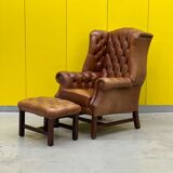Brown leather chesterfield wing chair with Ottoman
