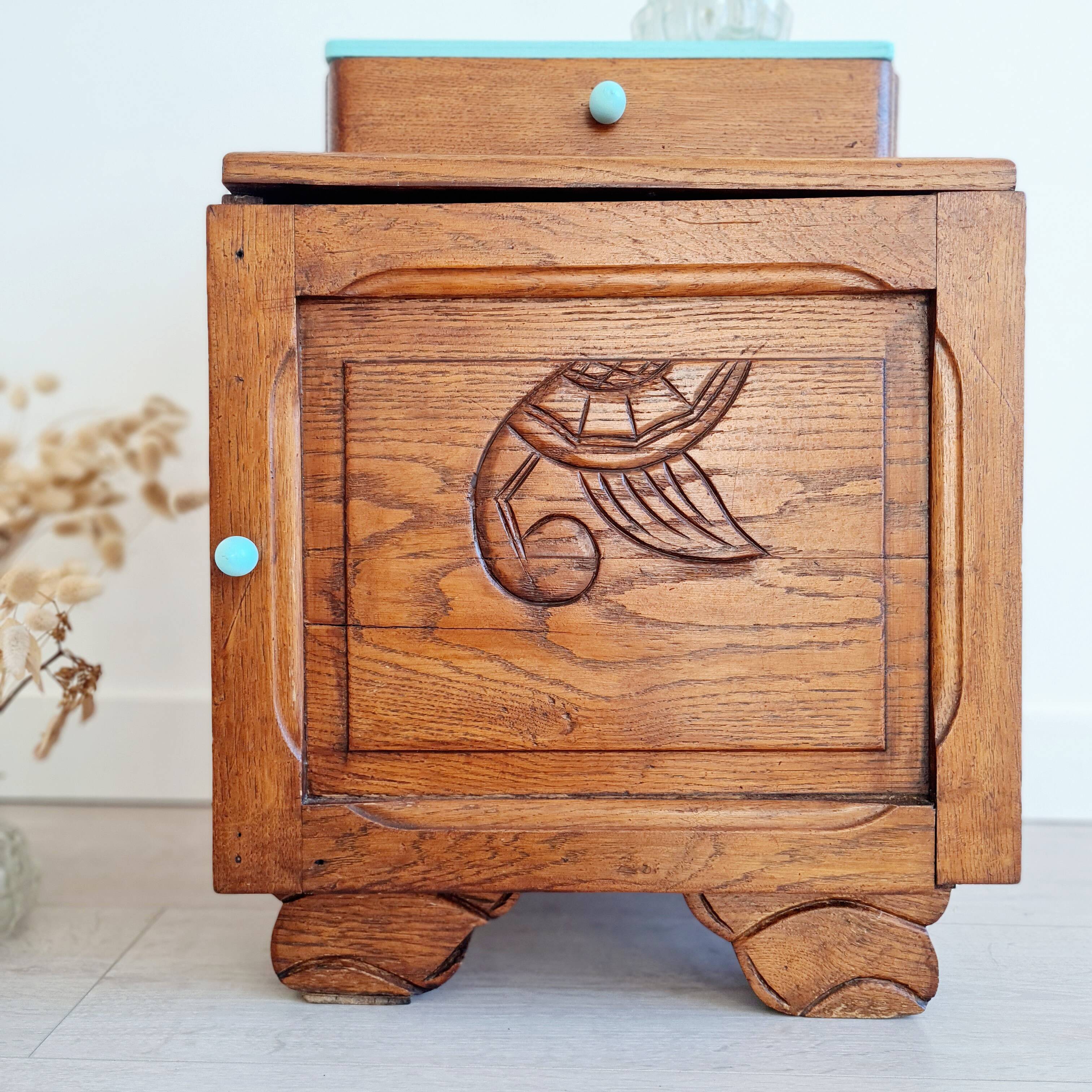 Art Deco bedside table in solid wood - blue top