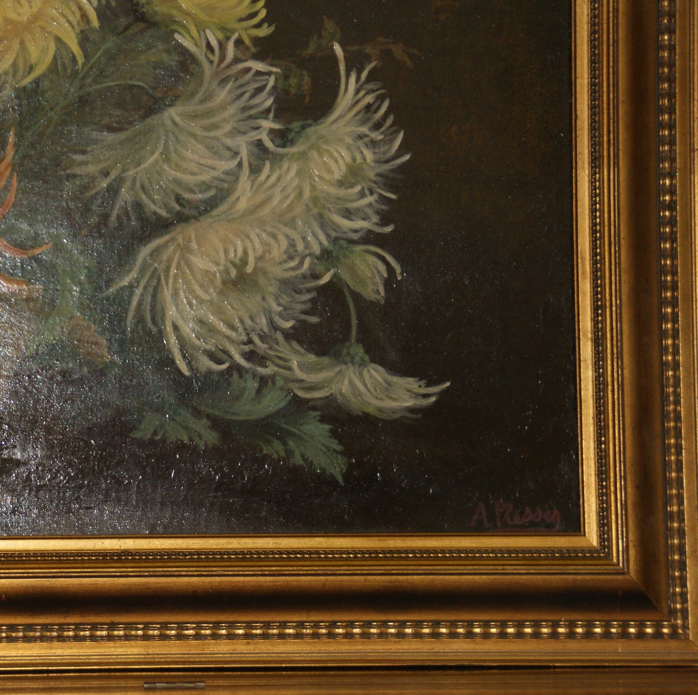 Tableau bouquet de fleurs huile à décor de chrysanthèmes signé  A.Plessy