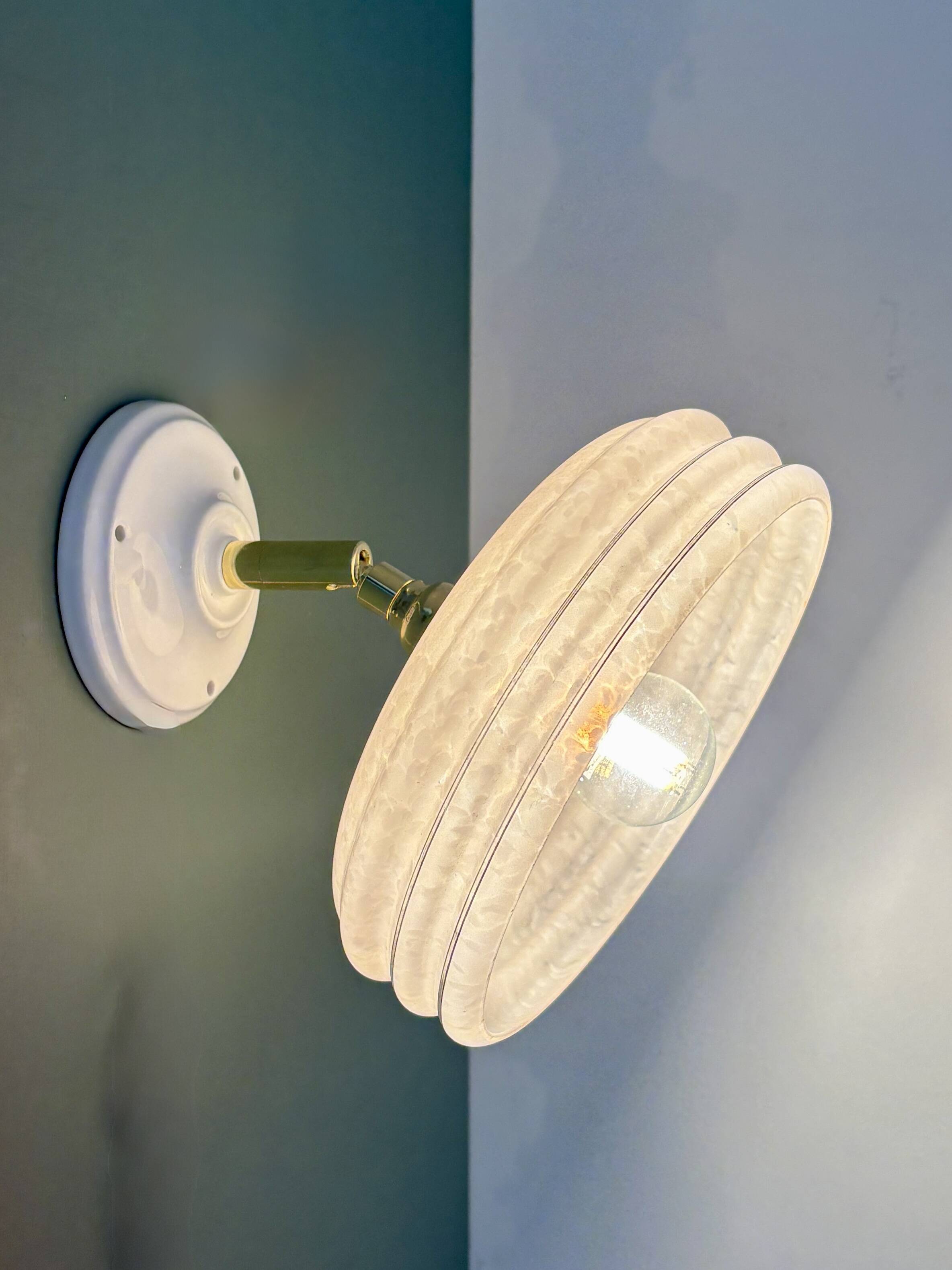Vintage wall lamp with pink Clichy glass shade and silver edging