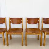 Suite of 4 chairs 60s in elm and leather Maison Regain
