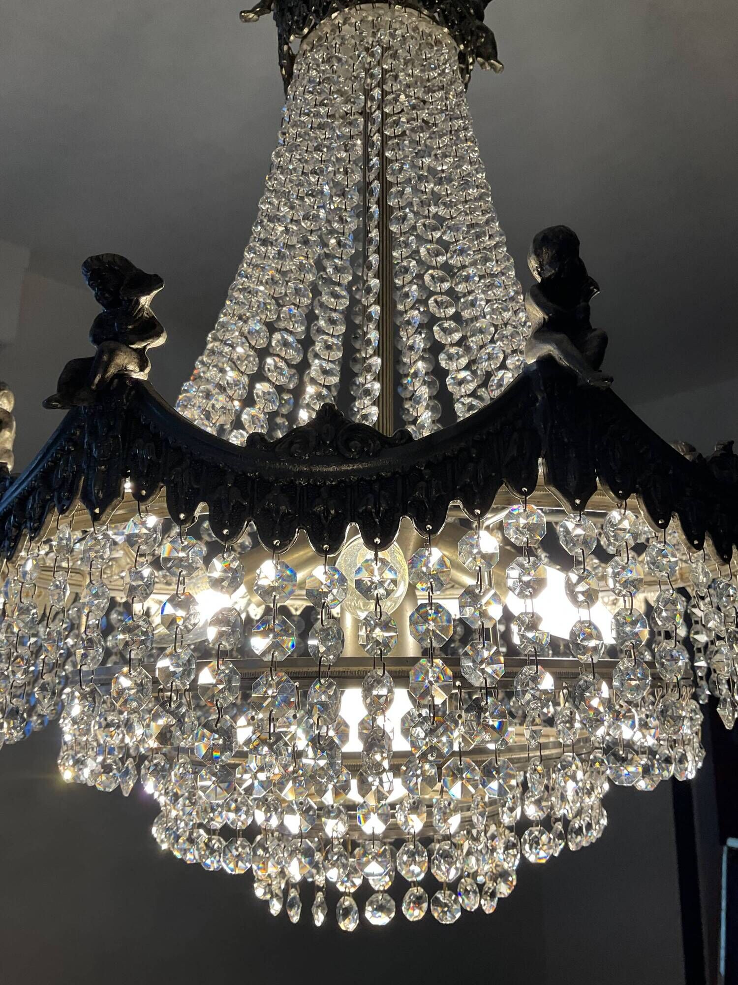 Old hot air balloon chandelier with crystal and bronze tassels