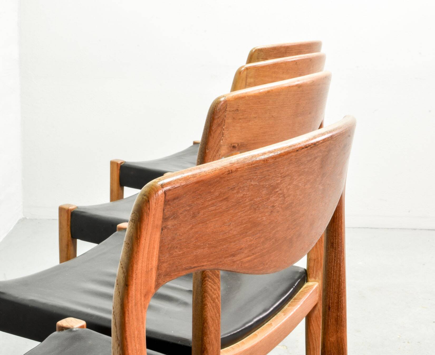 Niels Otto Moller Style Solid Teak Wood Dining Chairs with Leatherette 50s