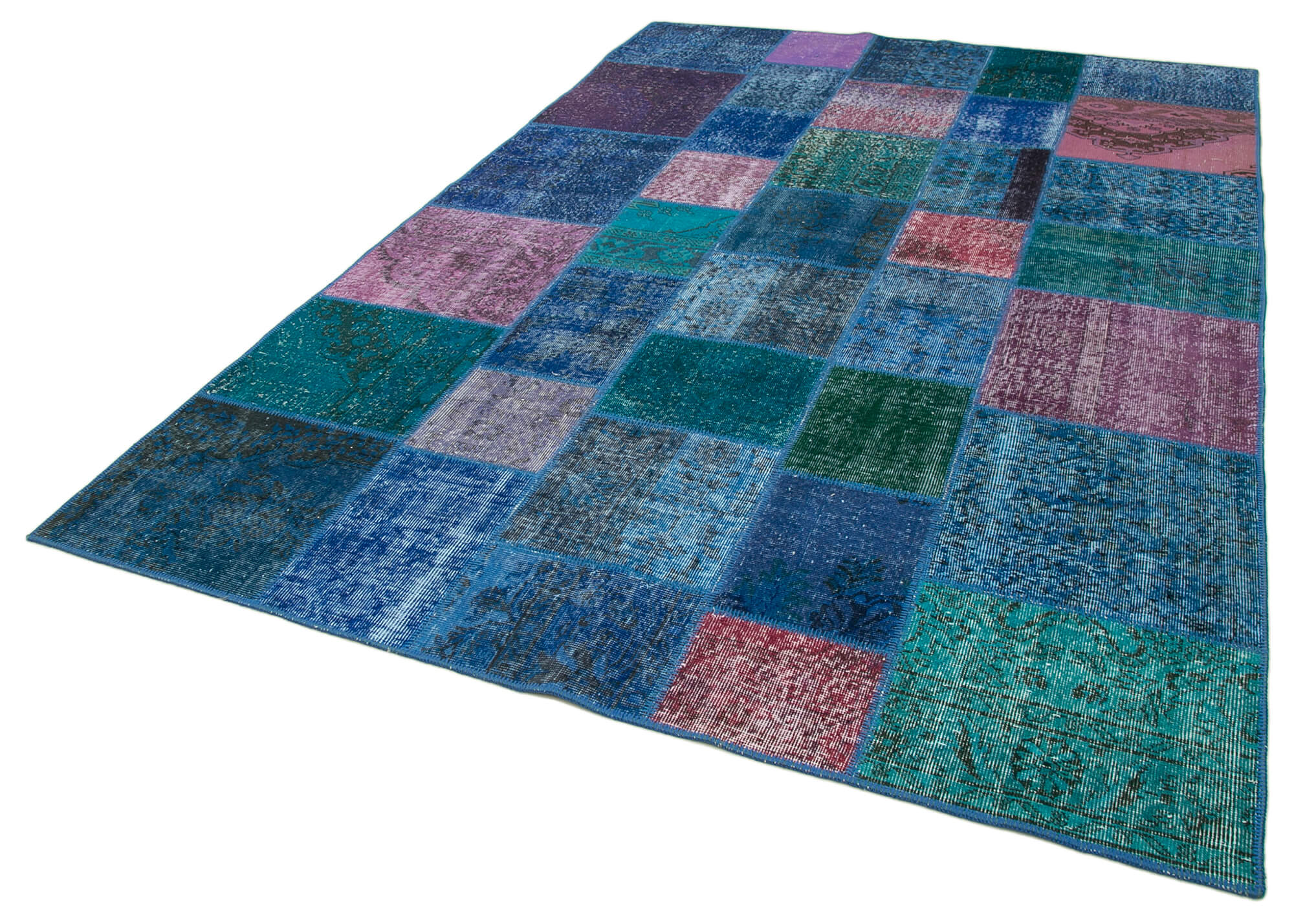 Tapis oriental contemporain 203 cm x 300 cm bleu patchwork fait à la main