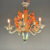 Venetian chandelier, in blue and red Murano glass, five light arms, circa 1950