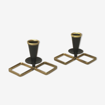 Pair of vintage candle holders in black metal and brass Sweden 1960