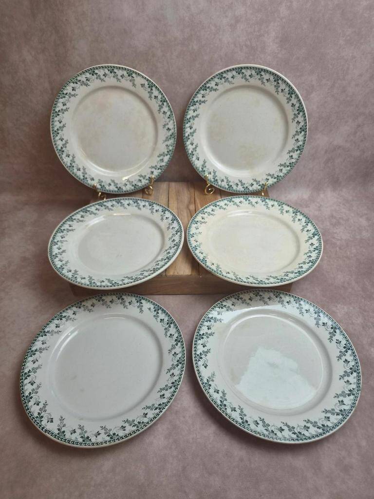 Set of 6 flat plates, Gien Montigny ironstone – old green decoration.