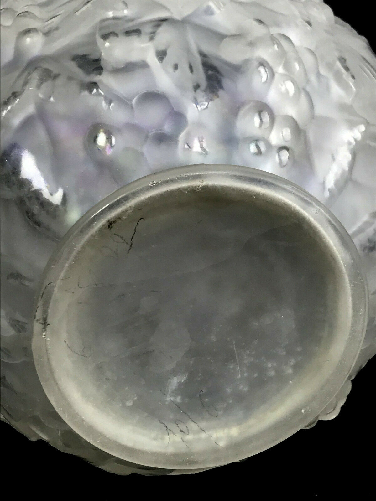 Pressed molded glass ball vase decorated with grape bunches