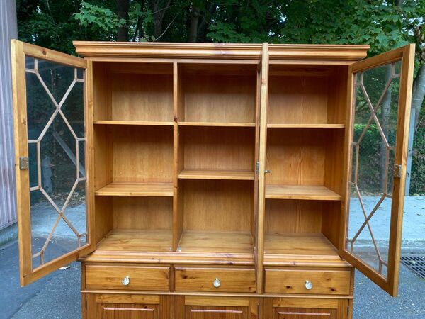 Grande bibliothèque vitrine anglaise en bois massif XXème 155cm