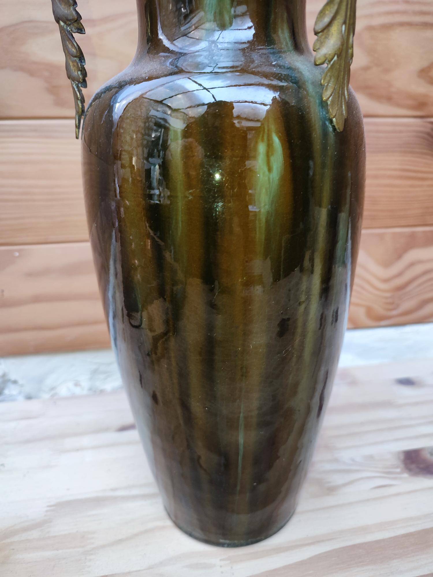 Ceramic vase with dripping in the style of jerome massier or belgian work with bronze handles