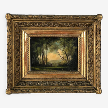 19th century French school, small oil on panel. Animated landscape