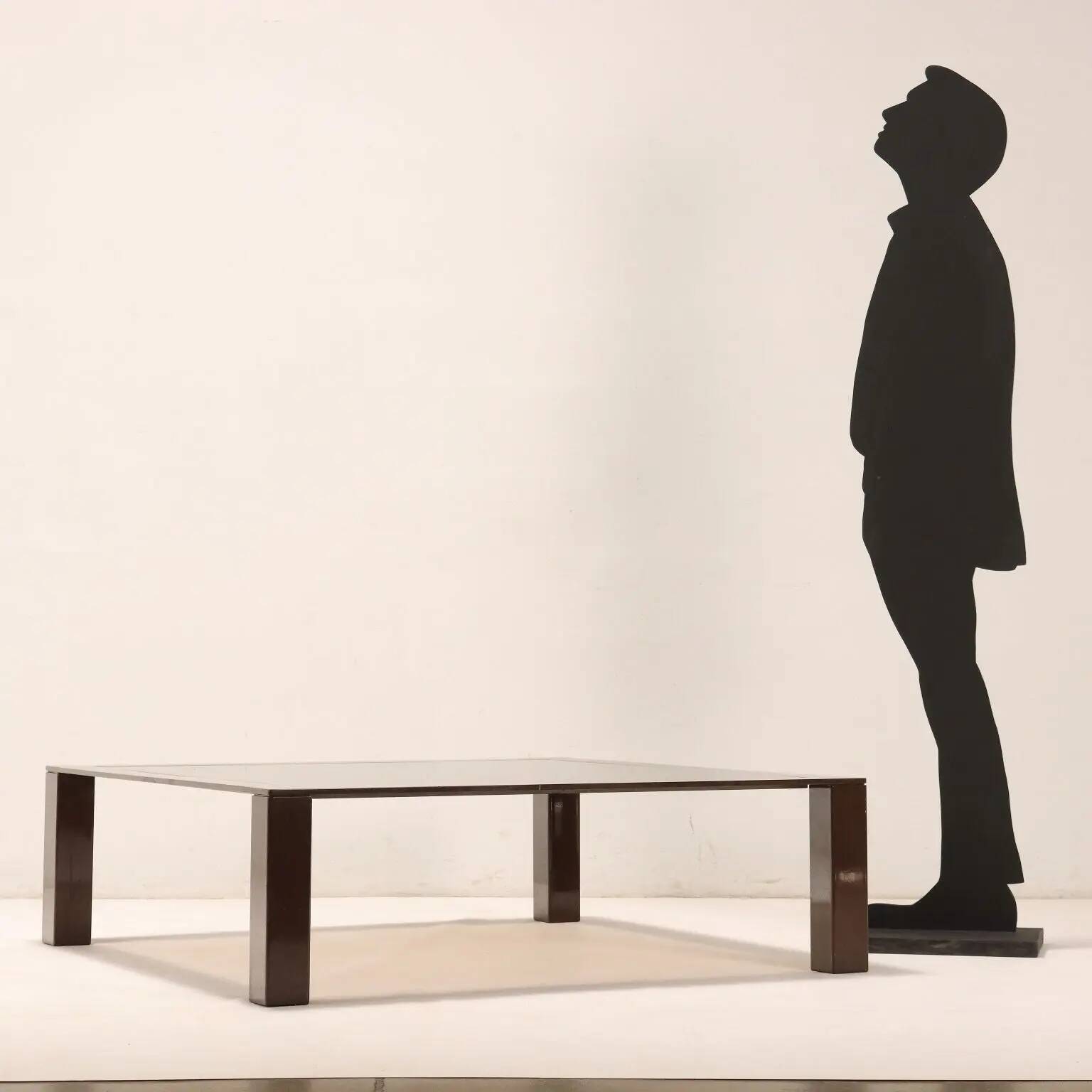 Vintage coffee table from the 1970s-80s in enamelled metal and smoked glass.
