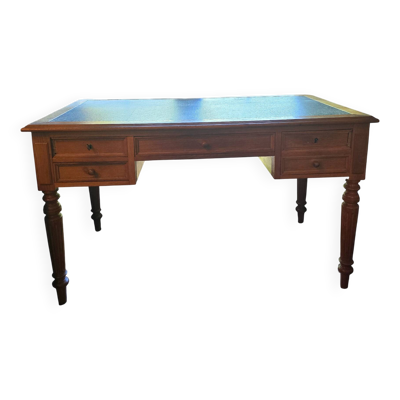 Bureau plat ancien en chêne et cuir noir, style Louis-Philippe