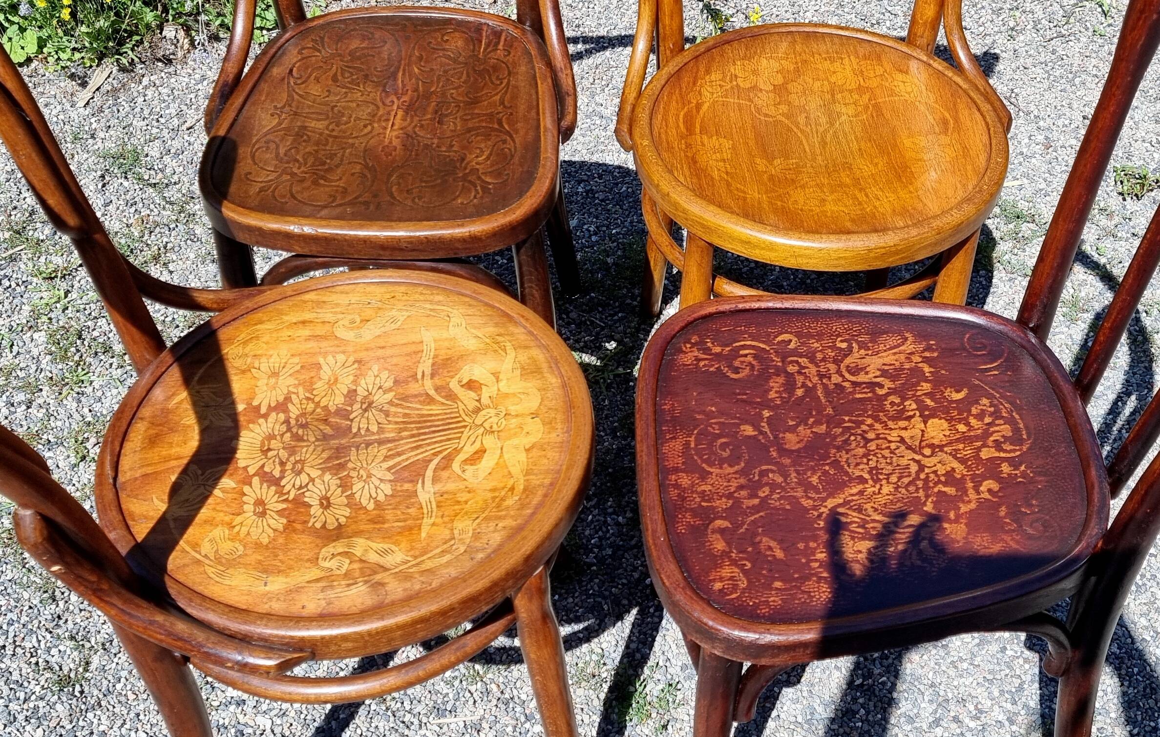 4 curved wooden bistro chairs early twentieth