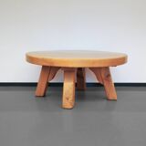 round vintage light oak brutalist coffee table