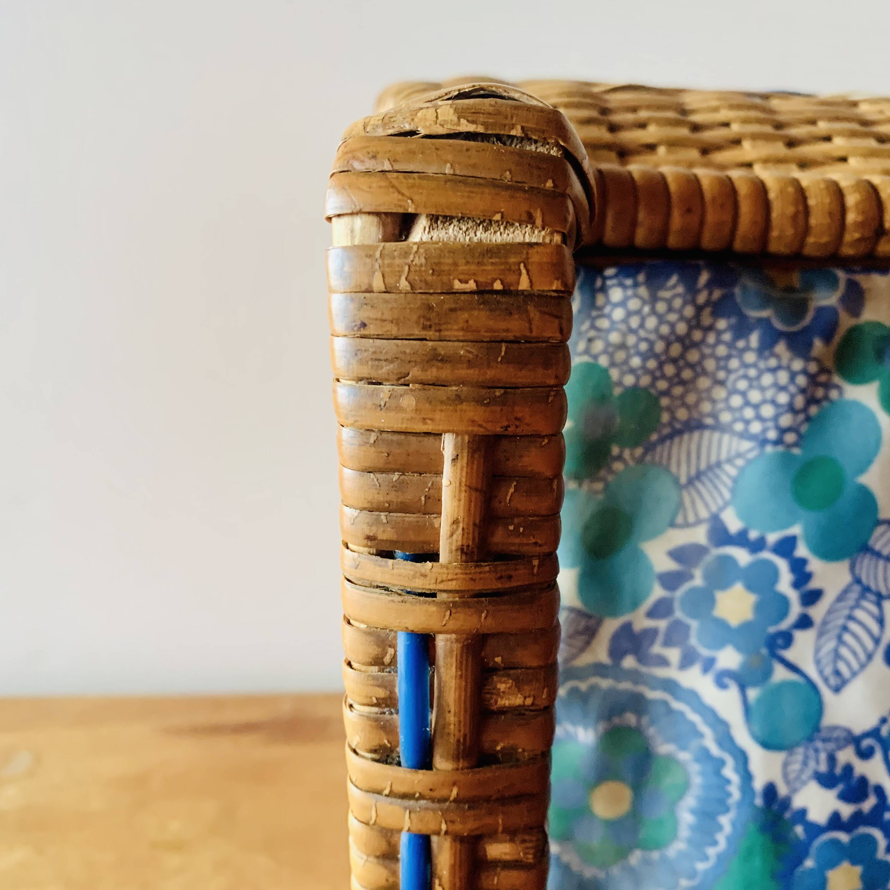 Large vintage rattan and wicker sewing basket with fabric seat
