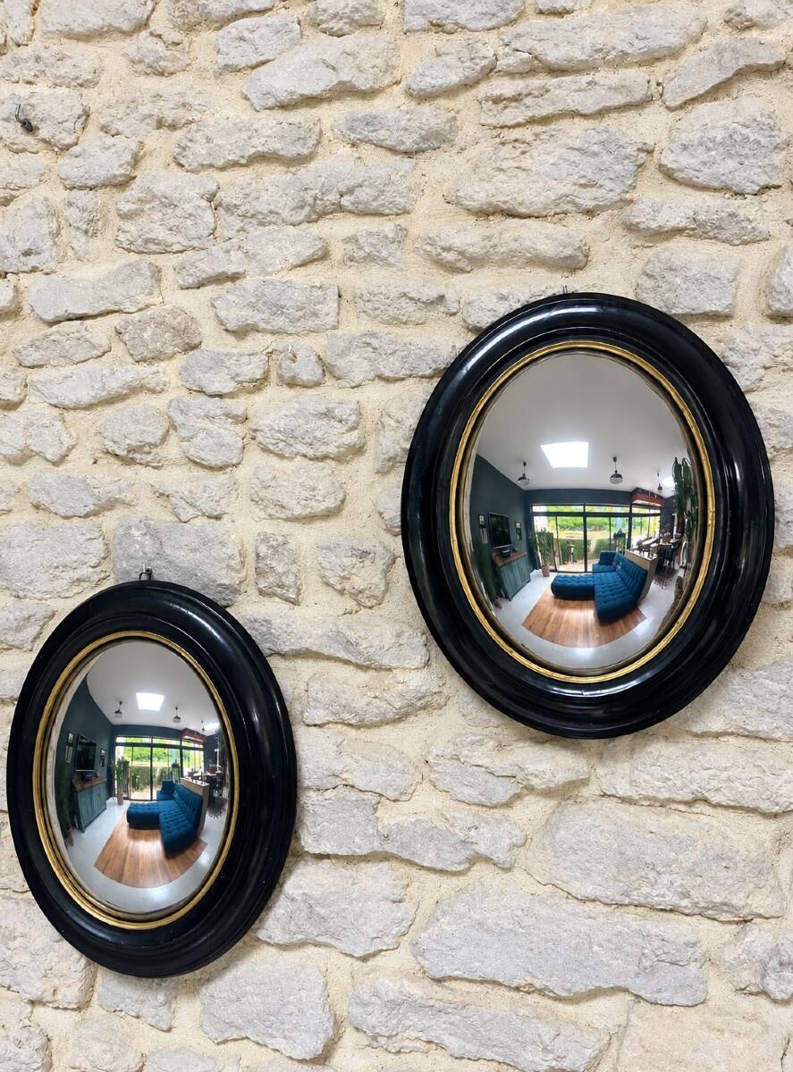 Pair of witch mirrors from the Napoleonic III era, 42.5/34.5cm, black and gold, curiosity, glass.