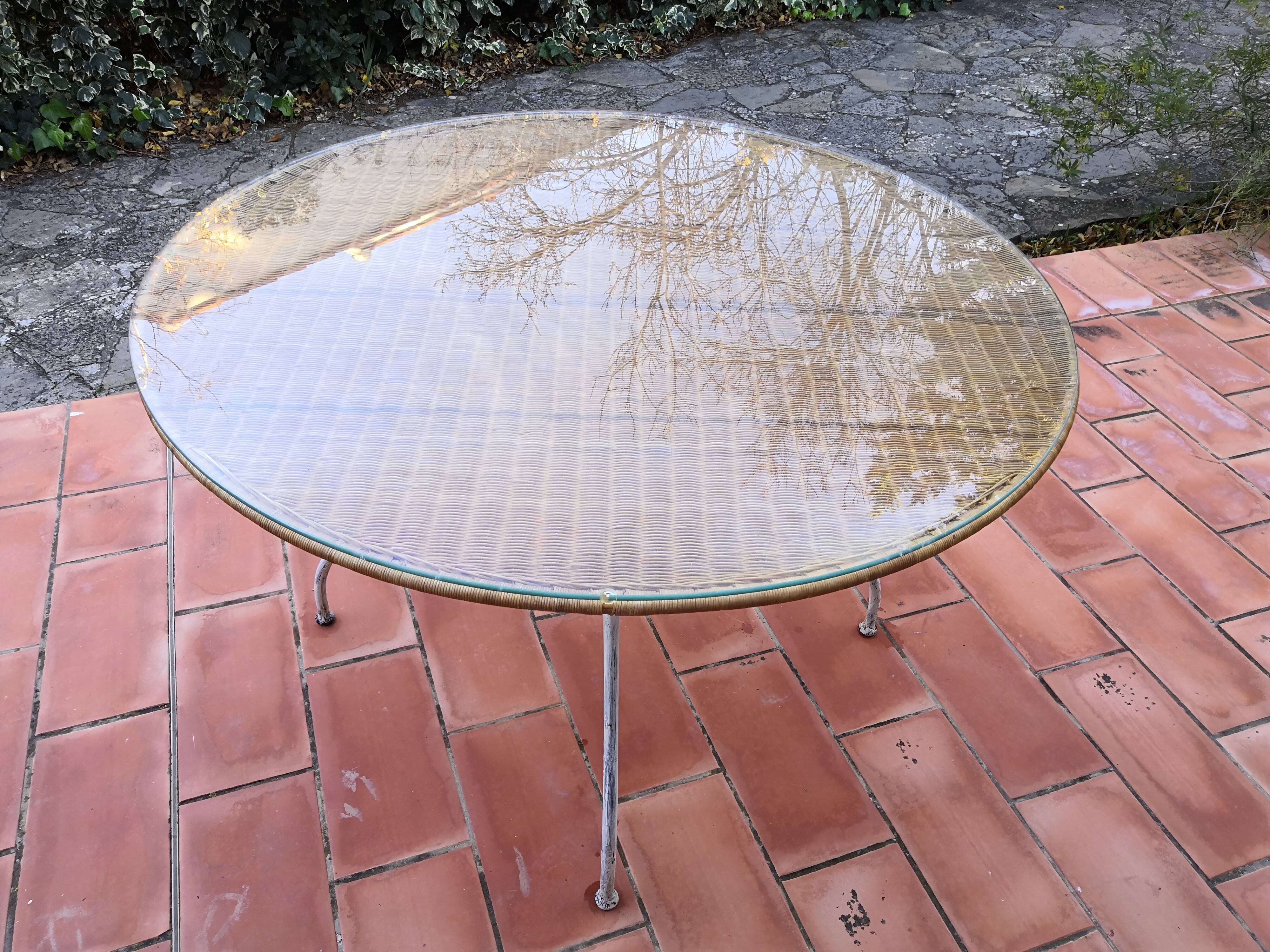 Dining table rattan and glass top & vintage metal legs