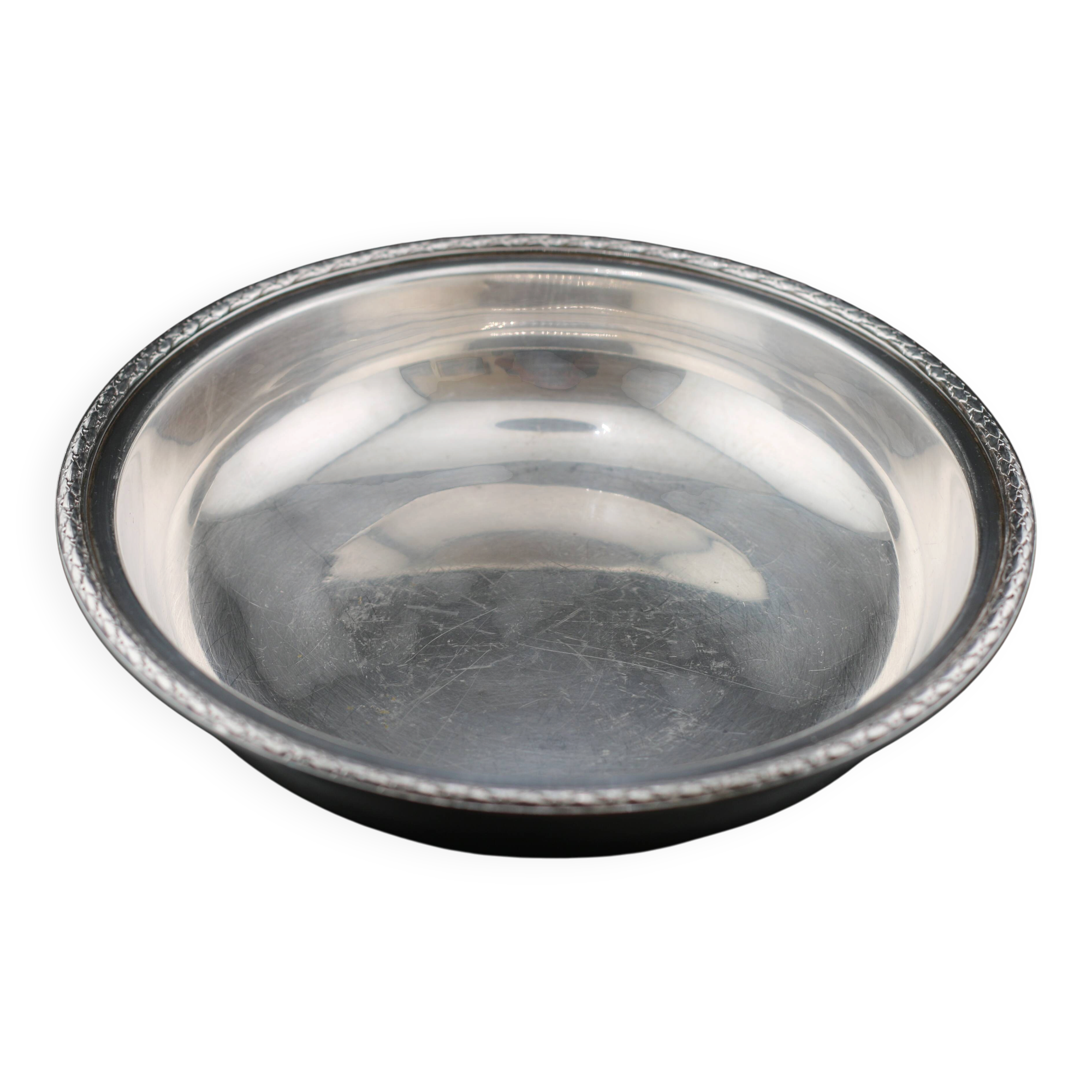 Plat en métal argenté vintage, creux rond à frise de laurier