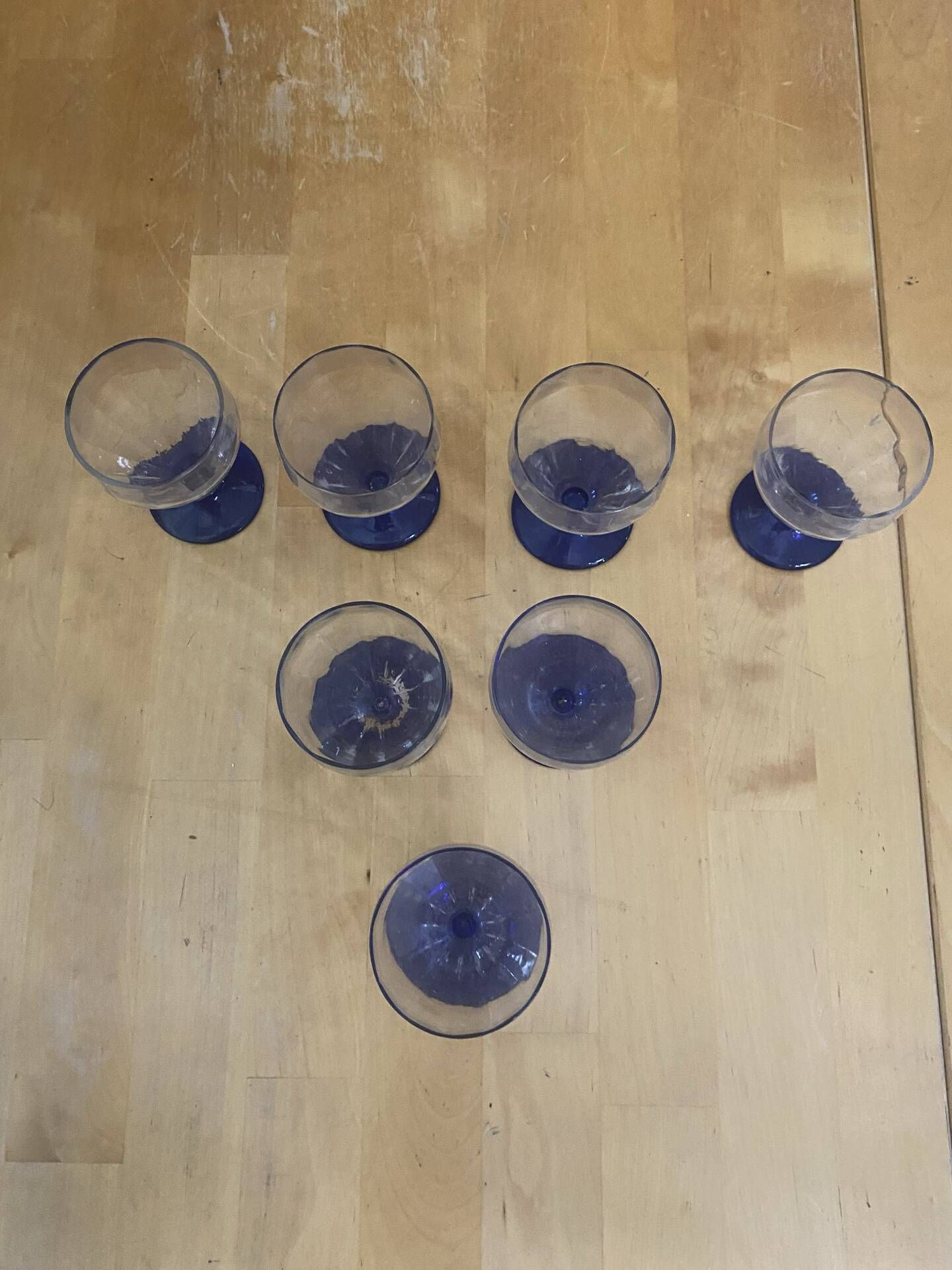 Set of 23 Stemmed Glasses Transparent Glass + Cobalt Blue Stems Vintage