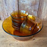 Salad bowl and raviers in tempered glass Vereco amber brown