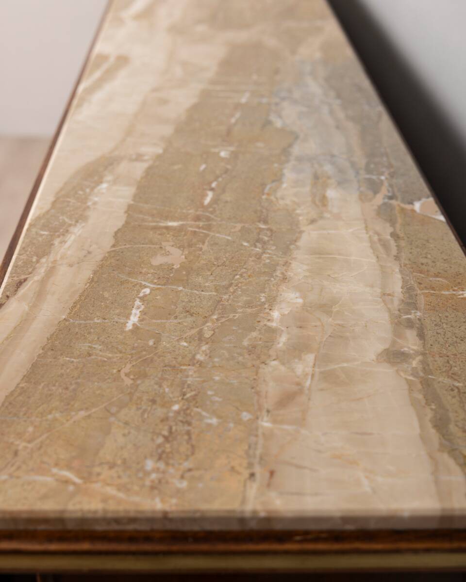 Buffet vintage années 40 en bois bas-reliefs en laiton et marbre design italien