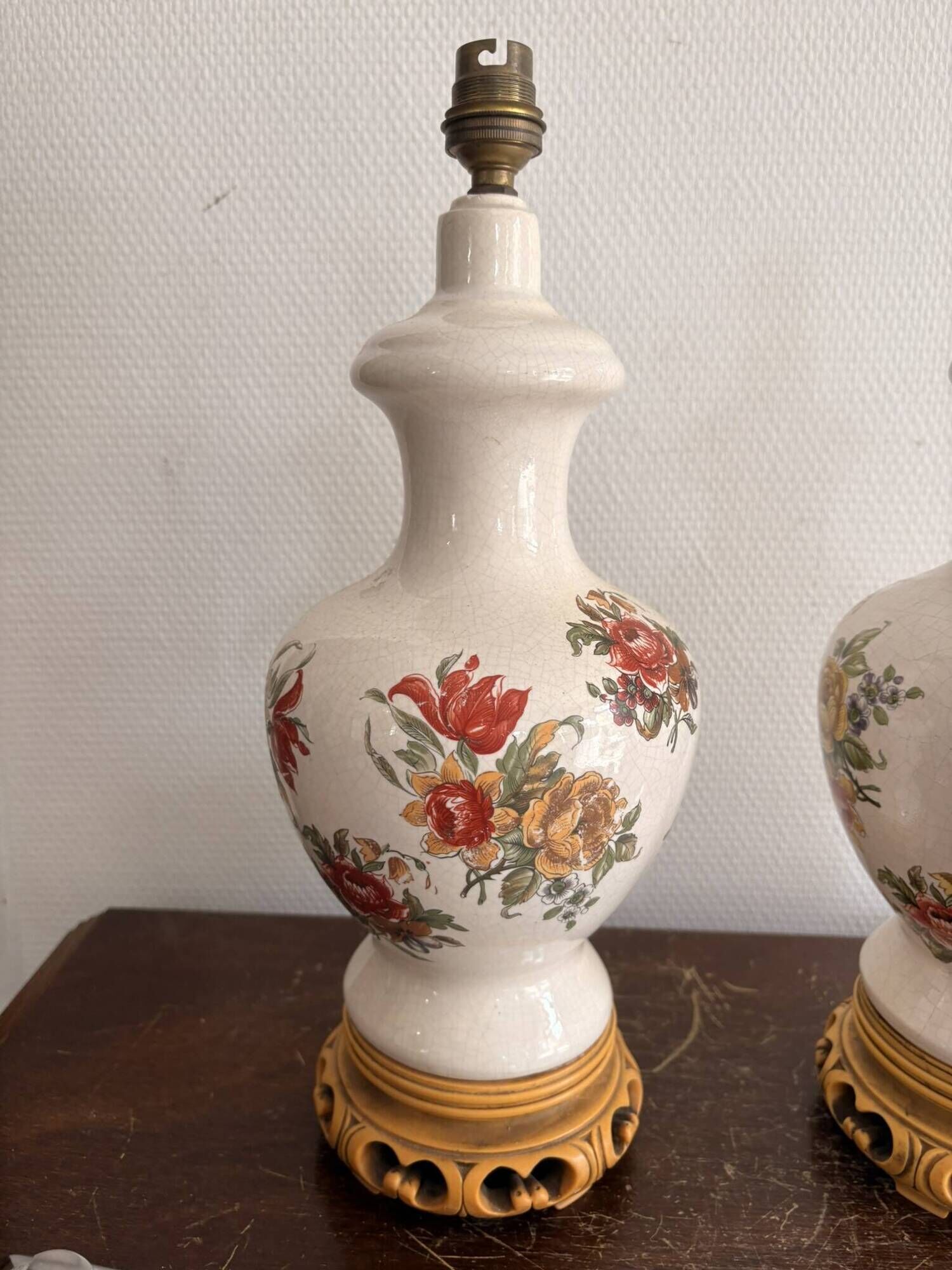 Antique Pair of Ceramic Floral Bulbous Lamps Shabby Chic