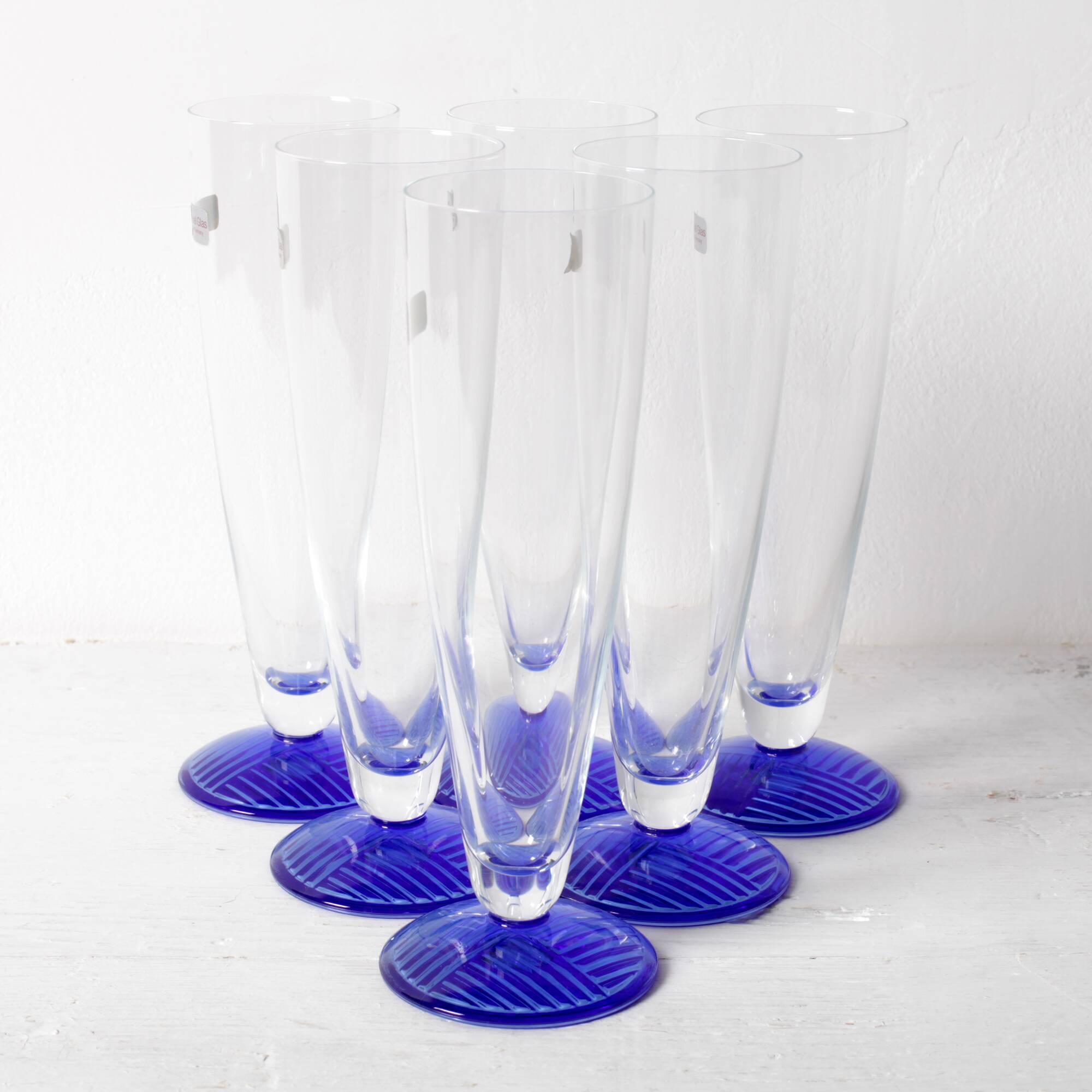 Set of 6 Vintage Blue-Footed Glasses /Rare Tall Tumblers / Zwiesel Glas / G