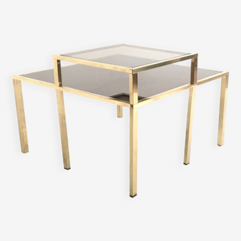 Postmodern Square Brass Coffee Table with Glass Shelf and Mirrored Top, Italy