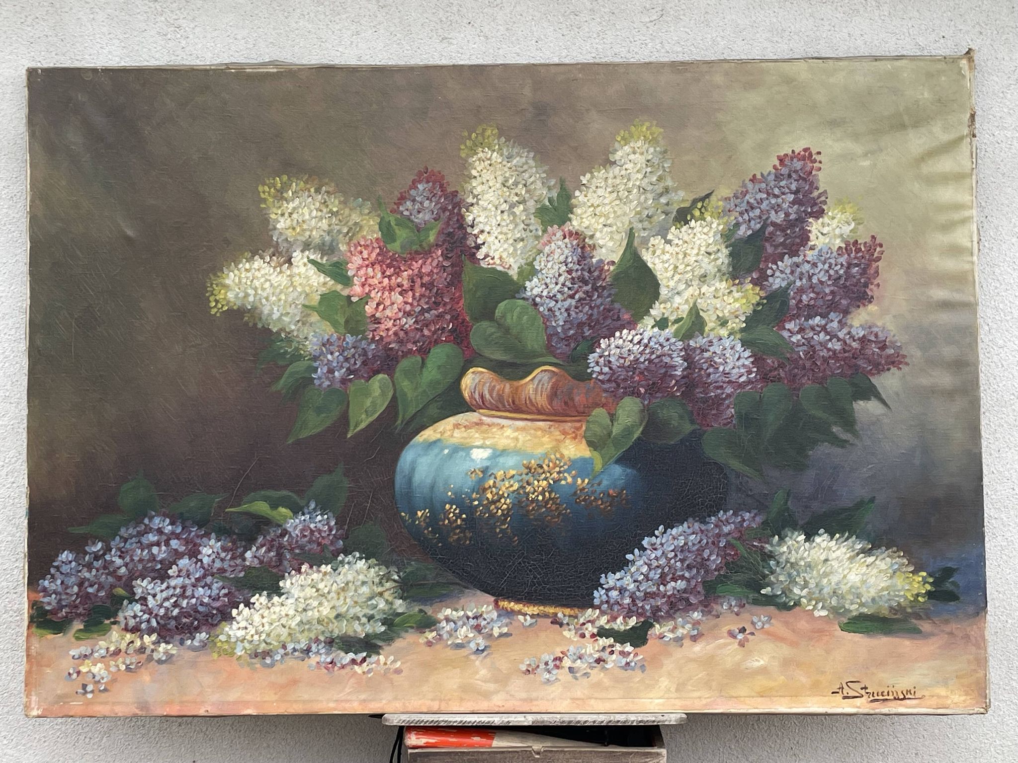 Large oil on canvas bouquet of lilacs signed by a. struciński poland, mid-20th century