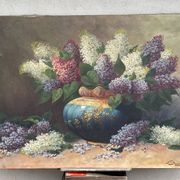 Large oil on canvas bouquet of lilacs signed by a. struciński poland, mid-20th century