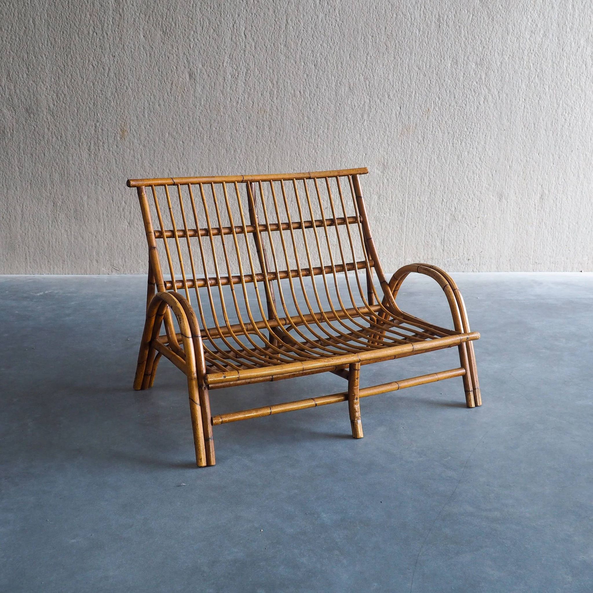 Mid-century rattan & bamboo two-seater lounge sofa