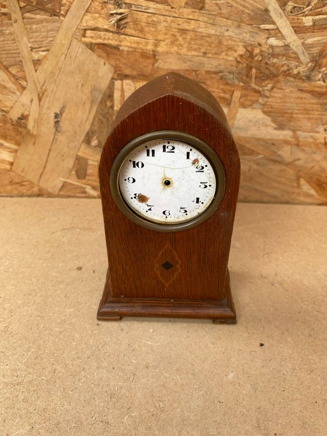 Antique mantel clock arched marquetry mahogany wood vintage