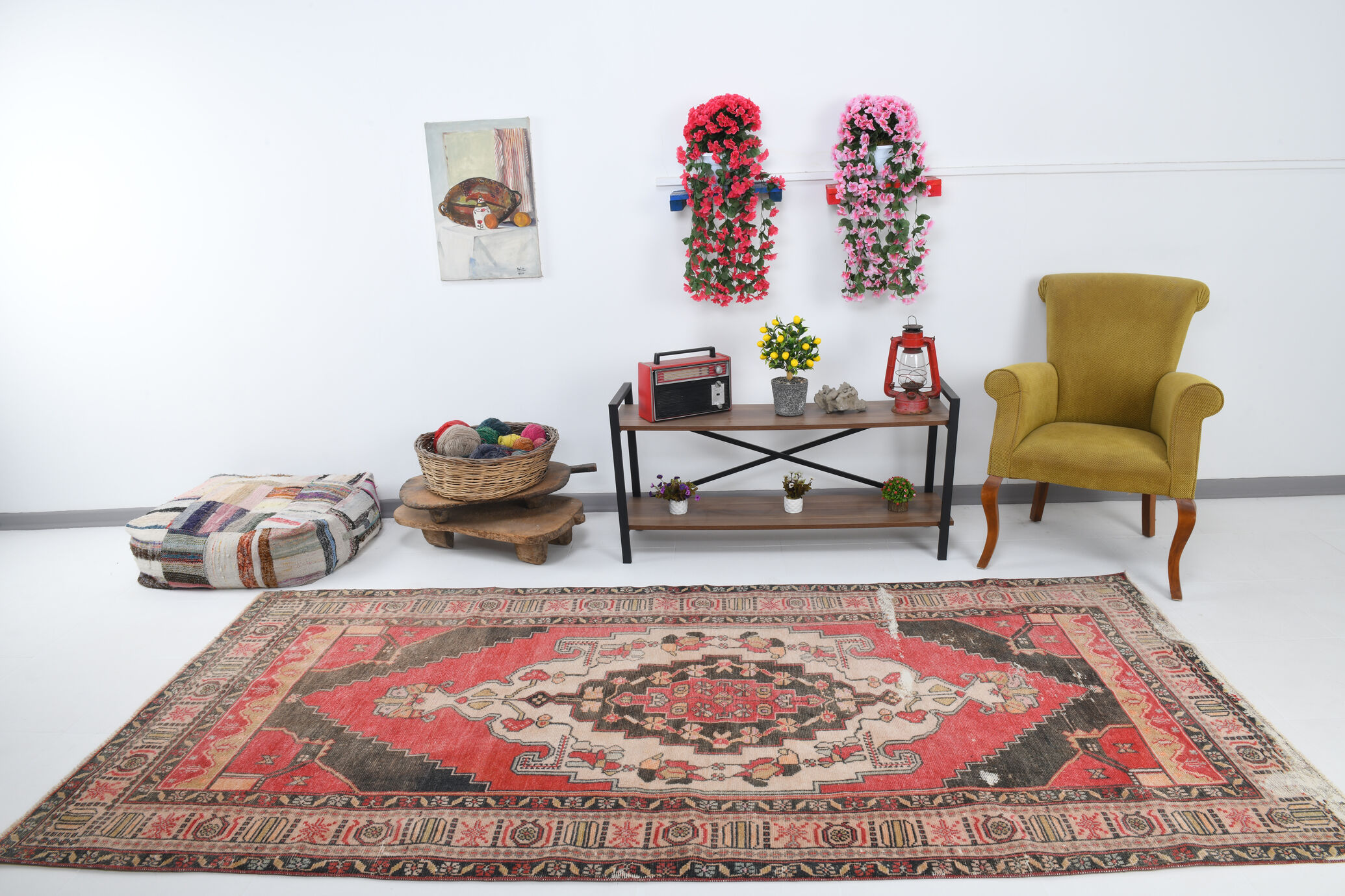 4x10 red & beige wool vintage rug 140x301cm