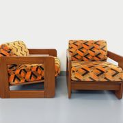 Pair of vintage walnut and velvet fabric sleigh armchairs from the 70s