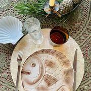 Set of 6 beige earthenware dinner plates, circa 1970, Sarreguemines, France.