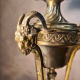bronze lamp with a goat's head from the 19th century and a stained glass lampshade soldered with lead