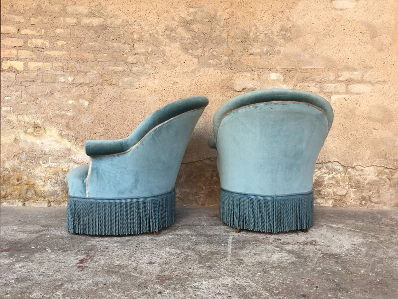 Pair of toad armchairs in blue velvet