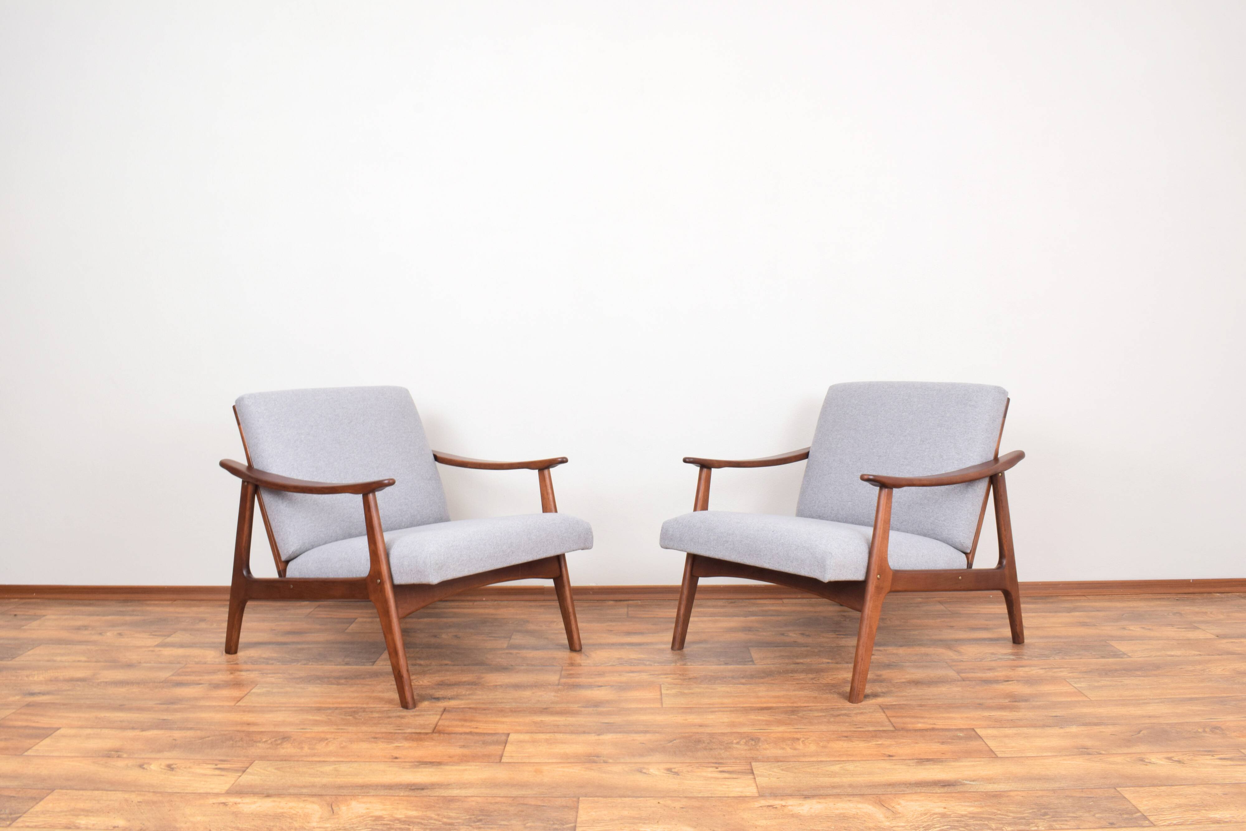 Mid-Century Pair of Polish Armchairs and Walnut Cabinet, 1960s, Set of 3.