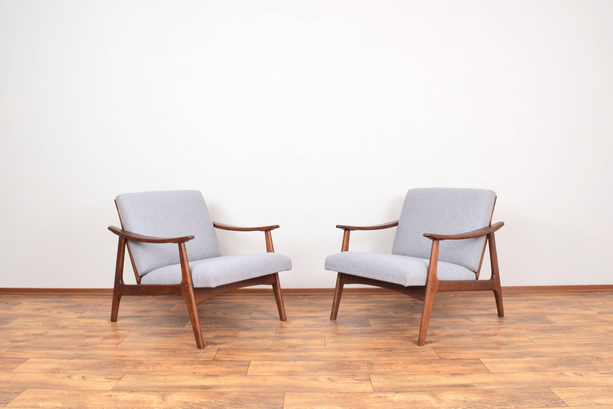 Mid-Century Pair of Polish Armchairs and Walnut Cabinet, 1960s, Set of 3.