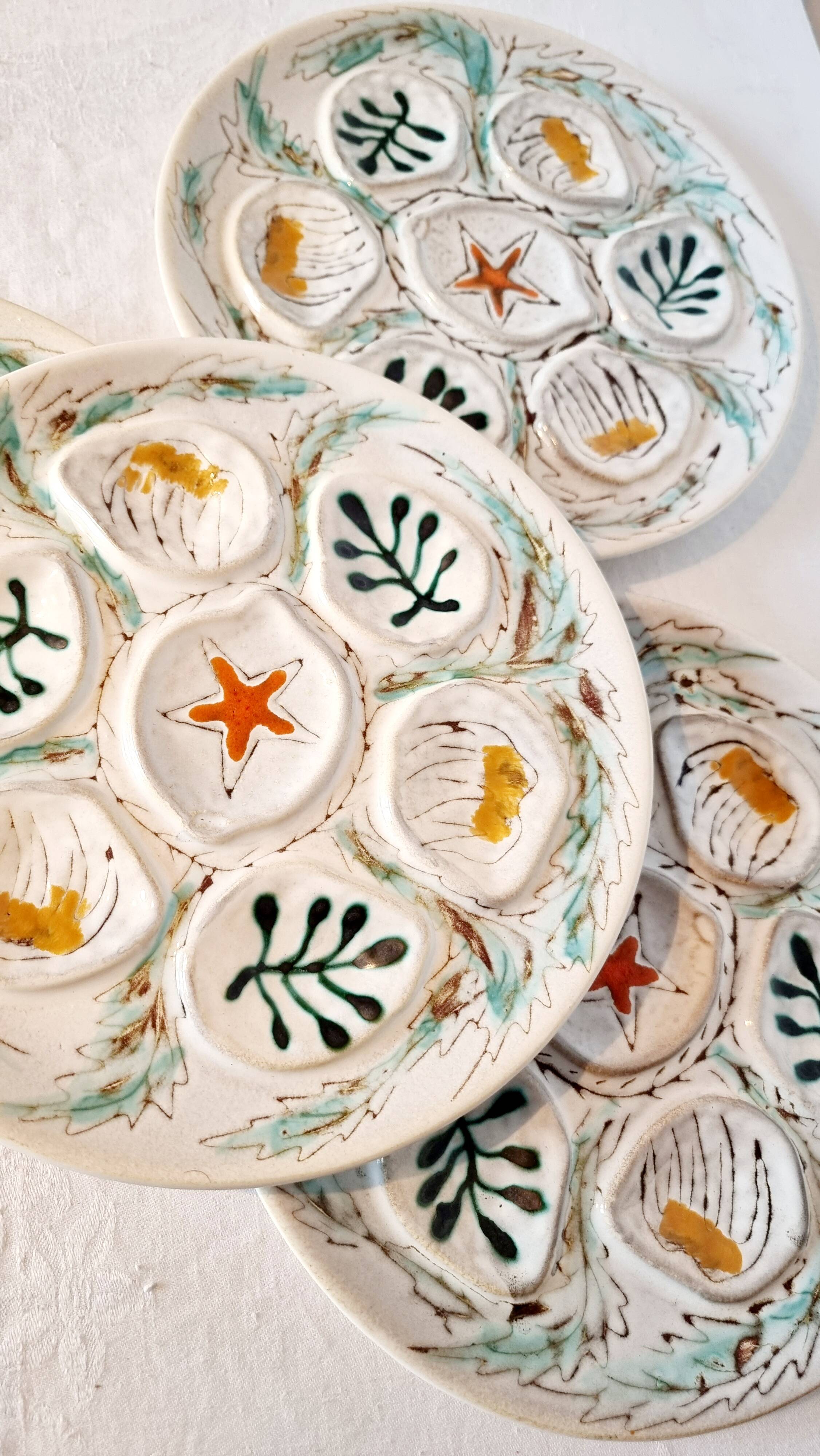 Interesting French porcelain oyster dish MBFA Pornic hand-painted marine M.