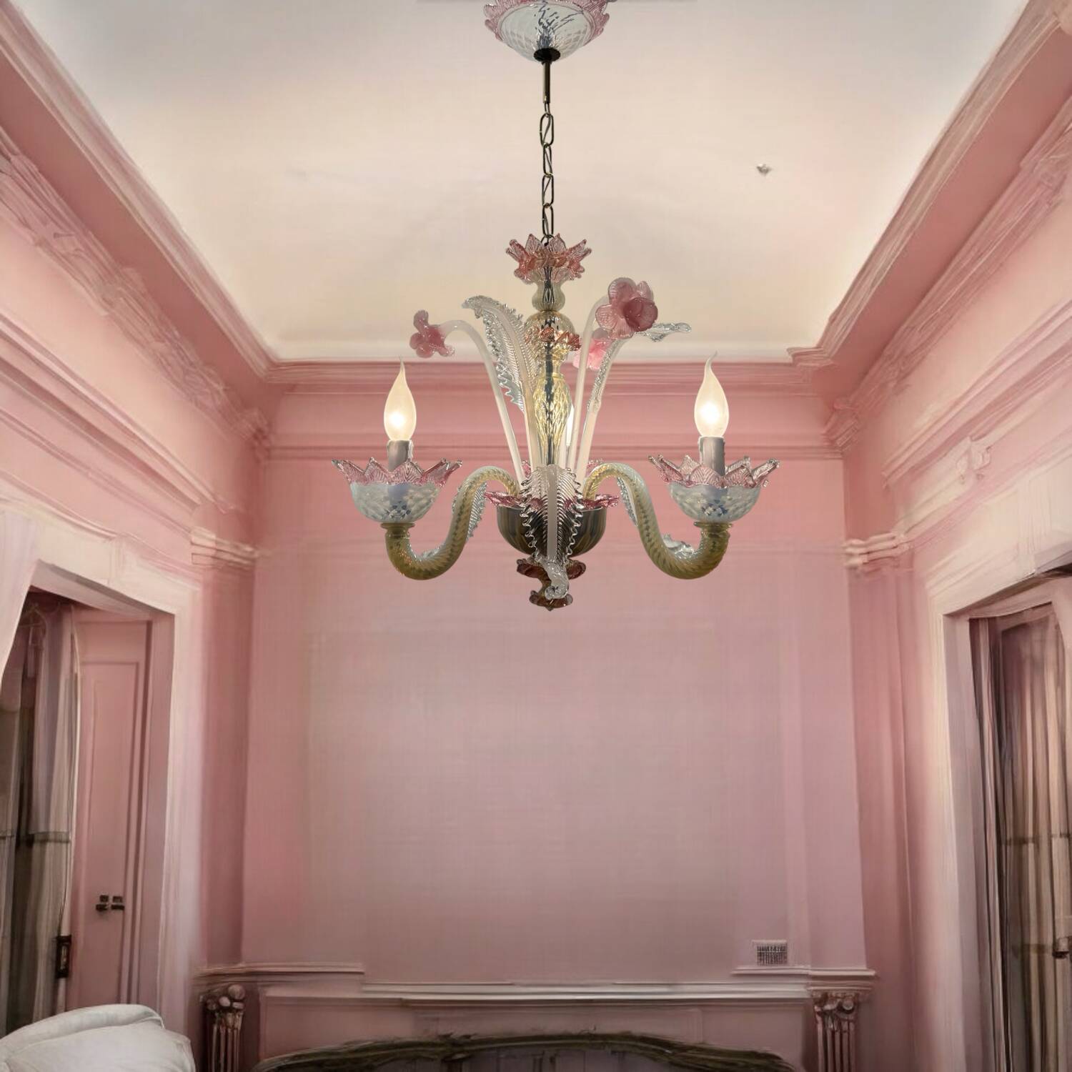 Venetian Pink opalescent Murano Glass Chandelier 1960’s