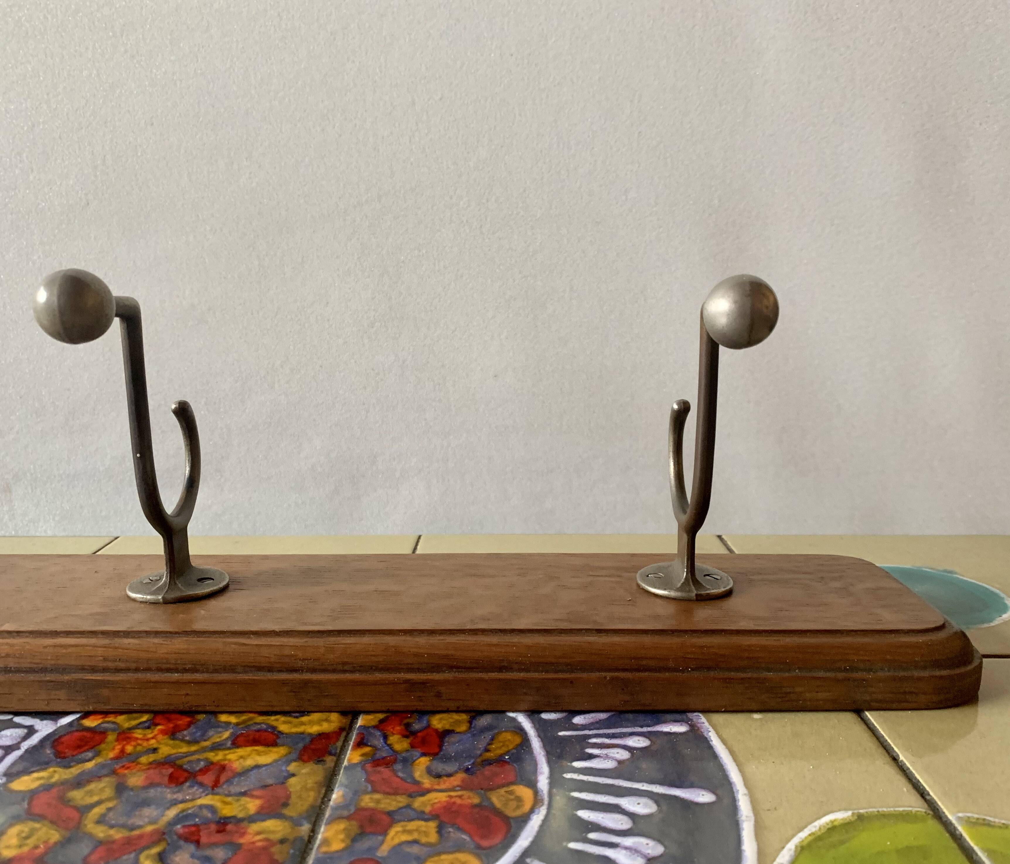 Vintage wooden wall coat rack - 4 steel hooks