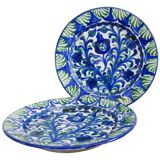 Paire d'assiettes vintage espagnoles en faïence Fajalauza, vertes et bleues.