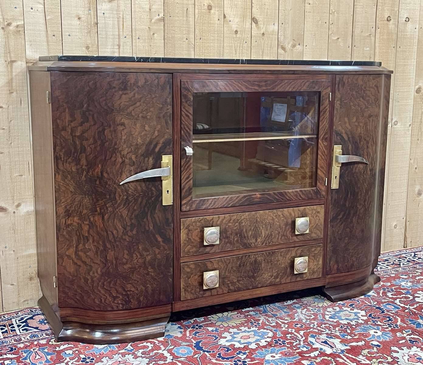 Enfilade d'époque Art déco en loupe de noyer et dessus marbre noir