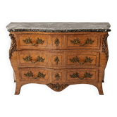 Curved Louis XV style commode in wood, veined marble and gilded ornaments.