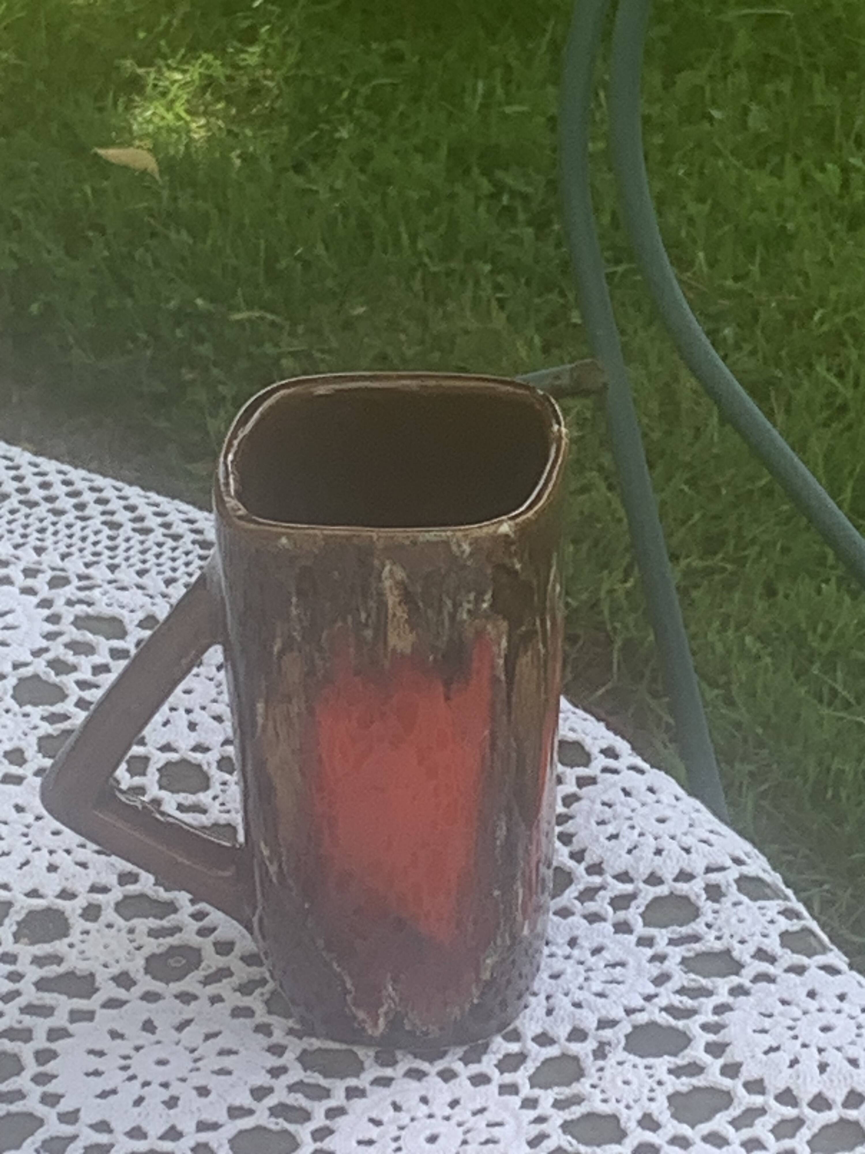 6 enamelled ceramic mugs, red and brown, Vallauris, vintage and designer