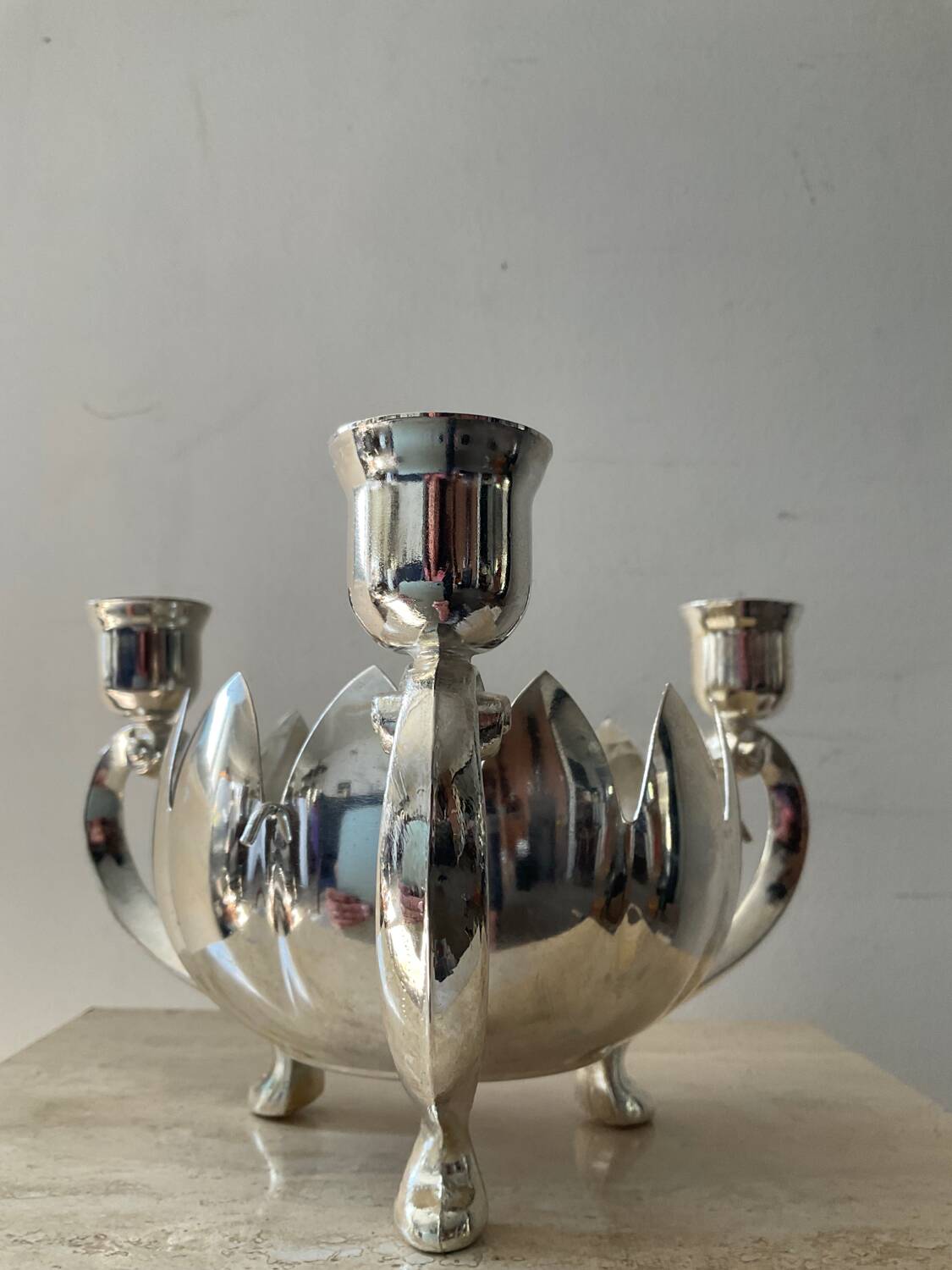 Lotus candle holder vintage spade flowers 3 lights silver metal