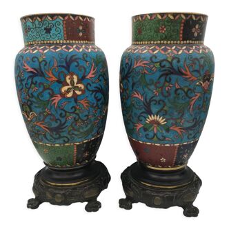 Pair of old ceramic vases cloisonnée with polychrome floral decoration, XIXth