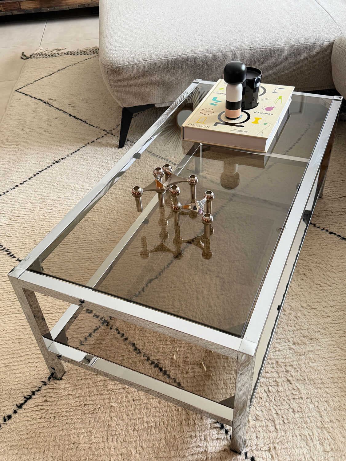 Table Basse Vintage Chrome & Verre Fumé (Style Belgo Chrom)
